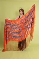 1920s Tangerine Surrealist Silk Fringe Shawl