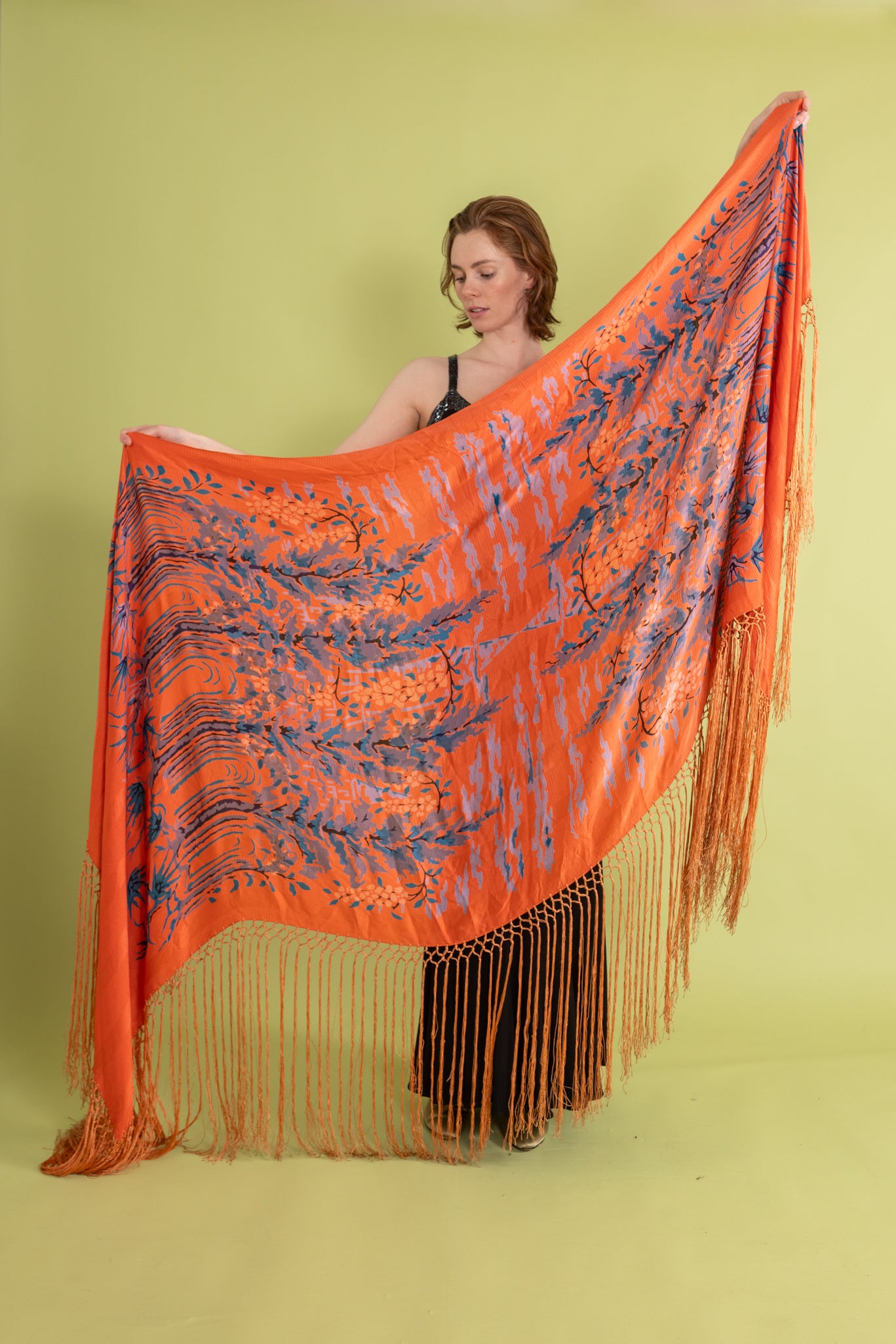 1920s Tangerine Surrealist Silk Fringe Shawl