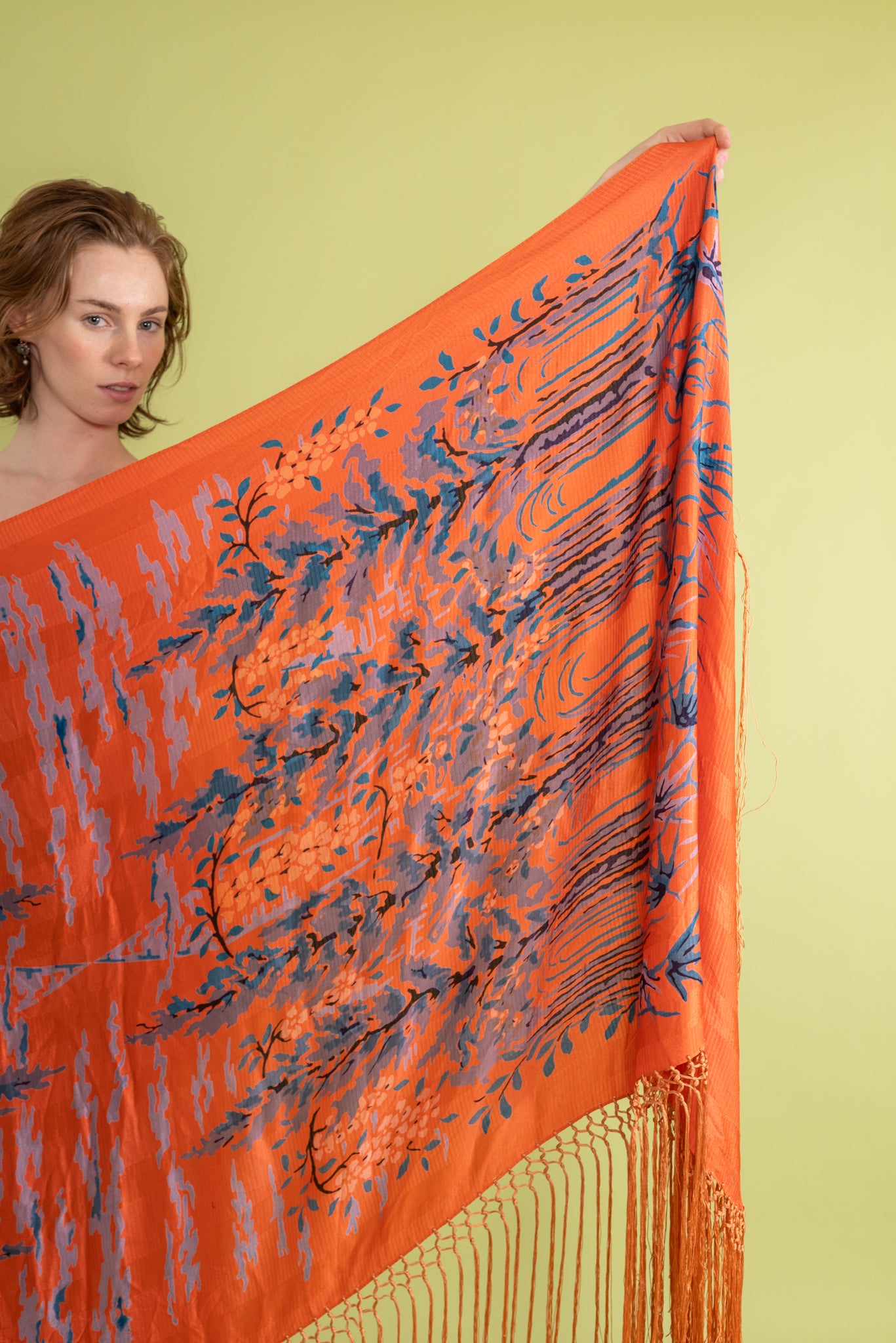 1920s Tangerine Surrealist Silk Fringe Shawl