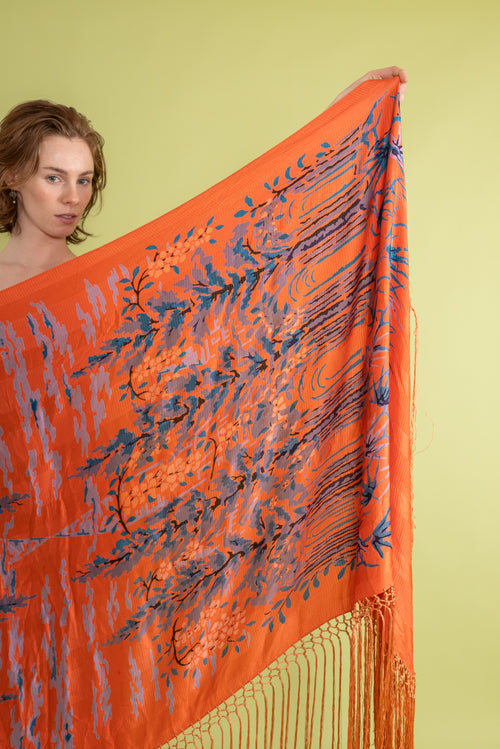1920s Tangerine Surrealist Silk Fringe Shawl