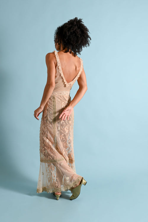 1930s Dusty Pink Mesh Irish Crochet Plunge Gown [xs/sm]