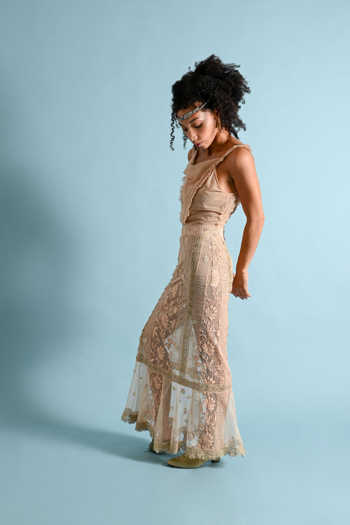 1930s Dusty Pink Mesh Irish Crochet Plunge Gown [xs/sm]