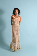 1930s Dusty Pink Mesh Irish Crochet Plunge Gown [xs/sm]