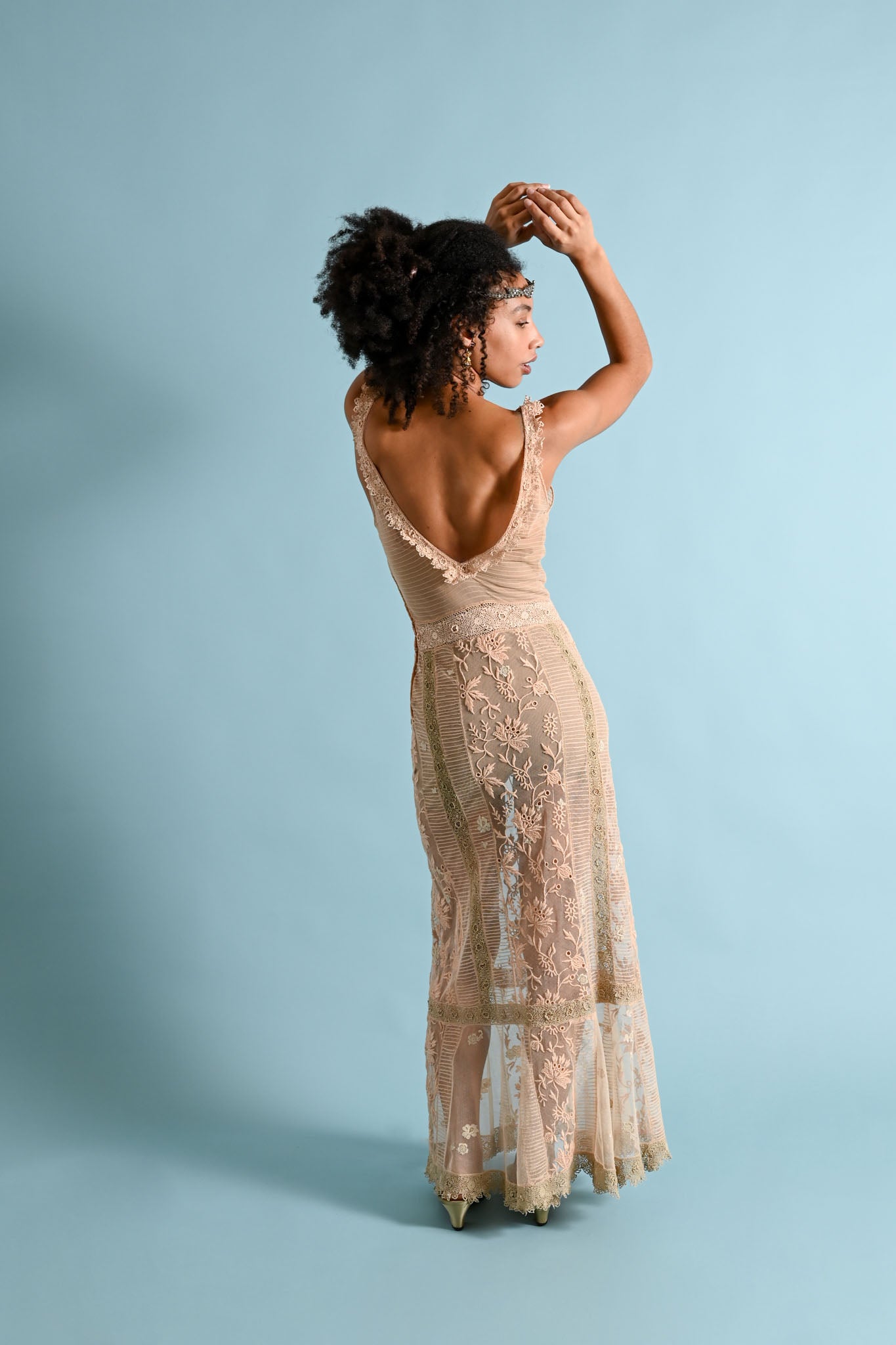 1930s Dusty Pink Mesh Irish Crochet Plunge Gown [xs/sm]