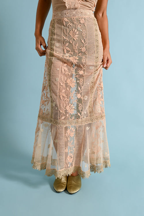 1930s Dusty Pink Mesh Irish Crochet Plunge Gown [xs/sm]