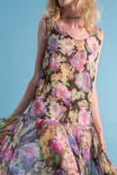 1920s Watercolor Floral Silk Chiffon Gown with Gelatin Sequins [xs/sm]