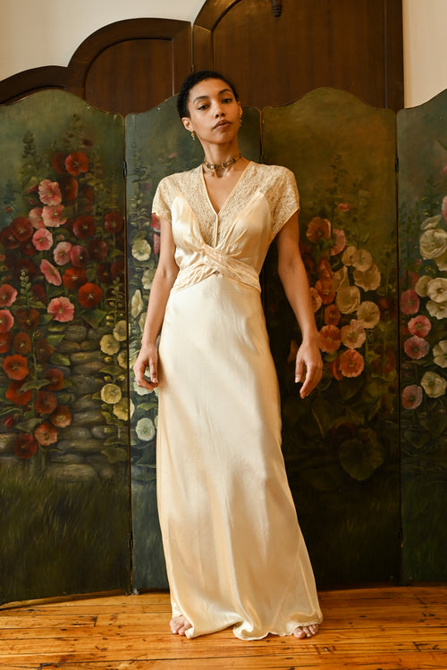 1940s Butter Yellow Silk Crepe Wrap Gown
