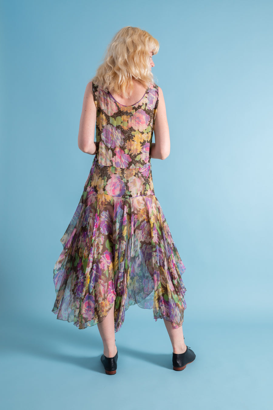 1920s Watercolor Floral Silk Chiffon Gown with Gelatin Sequins [xs/sm]