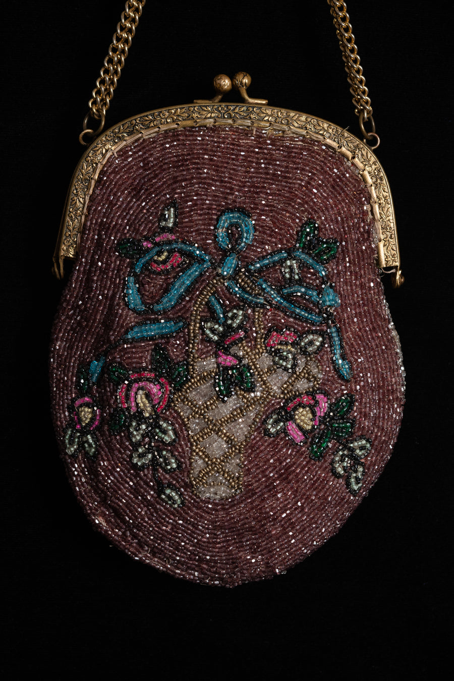 1920s Hand Beaded Flower Basket Purse