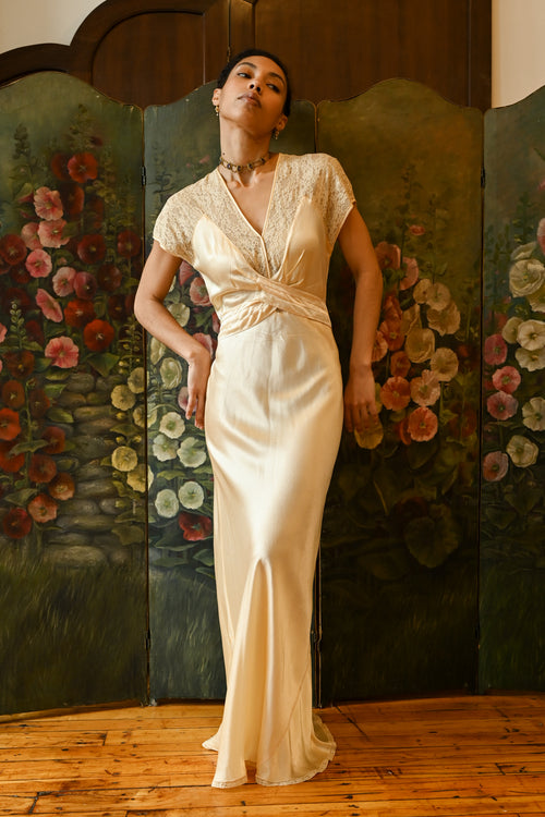 1940s Butter Yellow Silk Crepe Wrap Gown