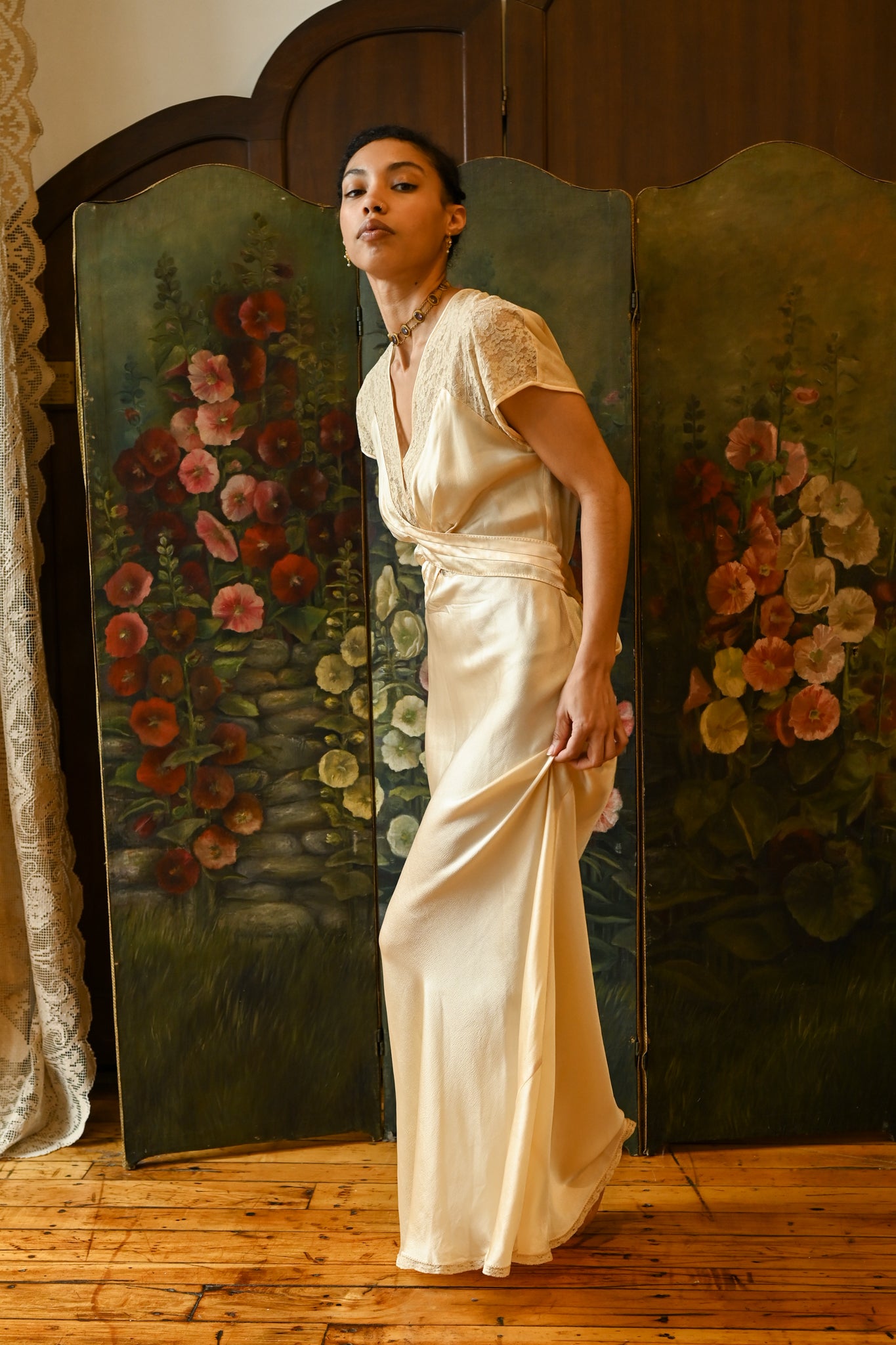 1940s Butter Yellow Silk Crepe Wrap Gown