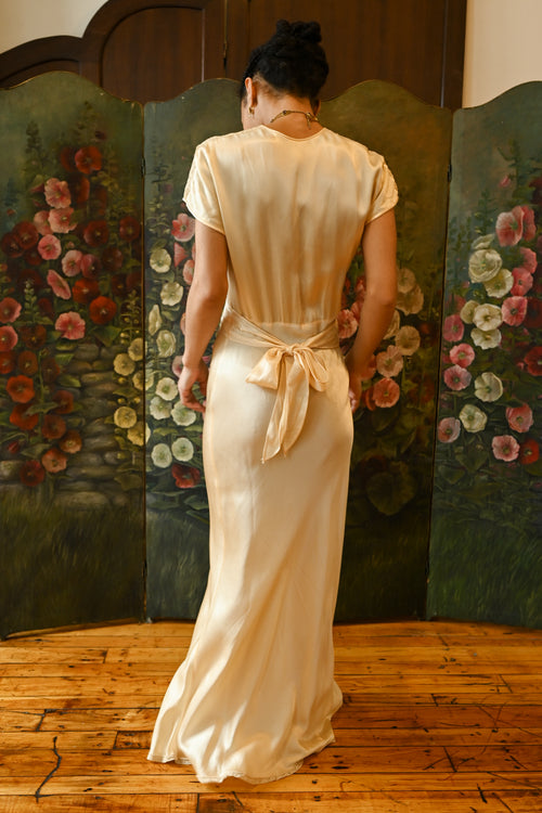 1940s Butter Yellow Silk Crepe Wrap Gown