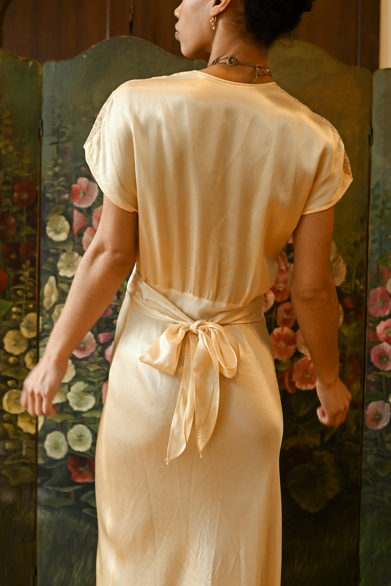 1940s Butter Yellow Silk Crepe Wrap Gown