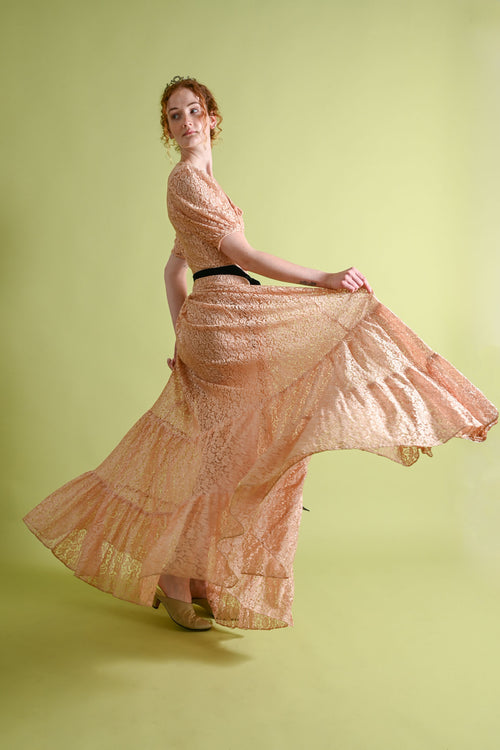 1930s Apricot Lace Dressing Gown by Saks[xs/sm]