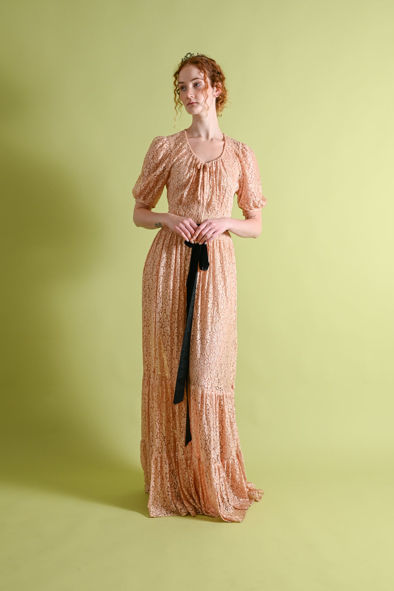 1930s Apricot Lace Dressing Gown by Saks[xs/sm]