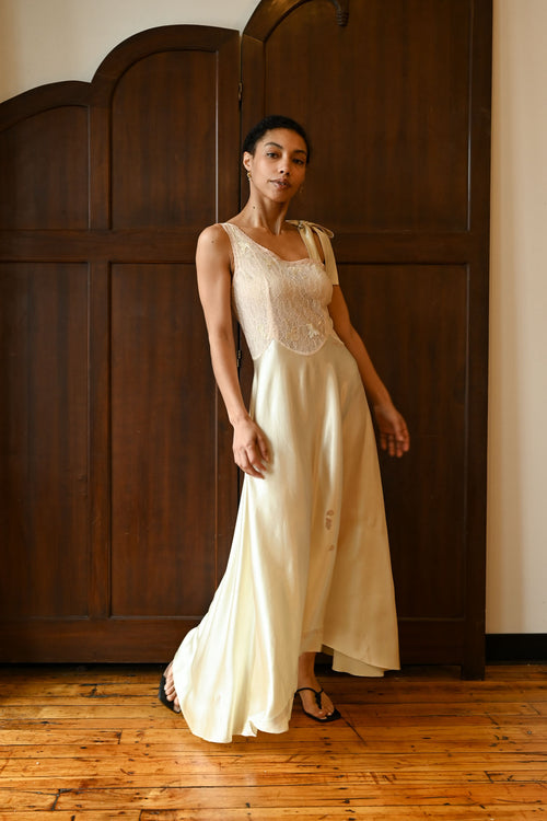 Demetra's Green Silk Satin Tie Shoulder Appliqué Gown