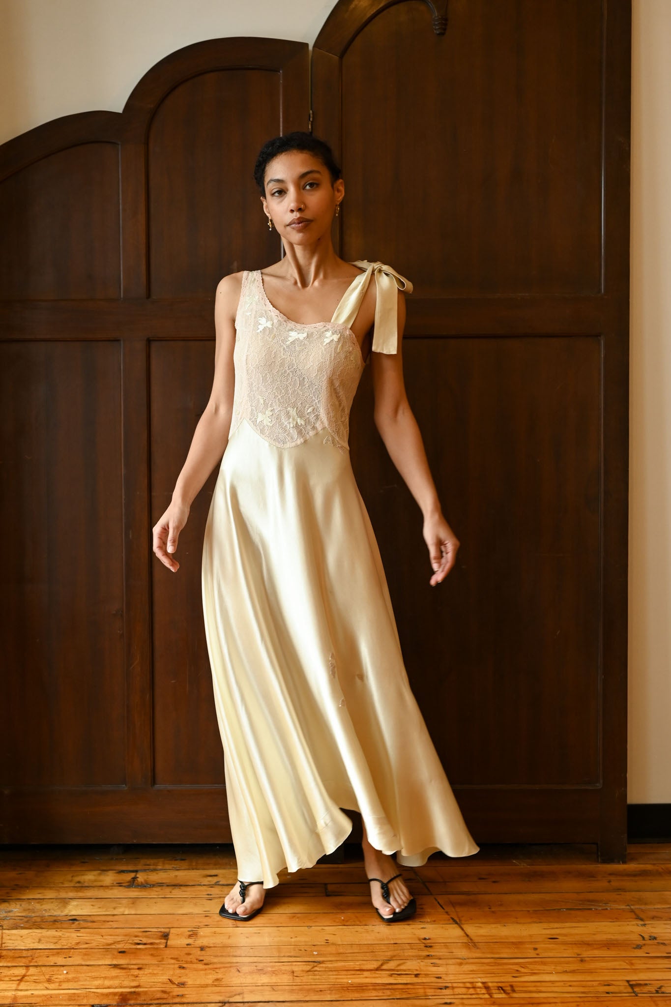 Demetra's Green Silk Satin Tie Shoulder Appliqué Gown