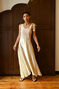 Demetra's Green Silk Satin Tie Shoulder Appliqué Gown