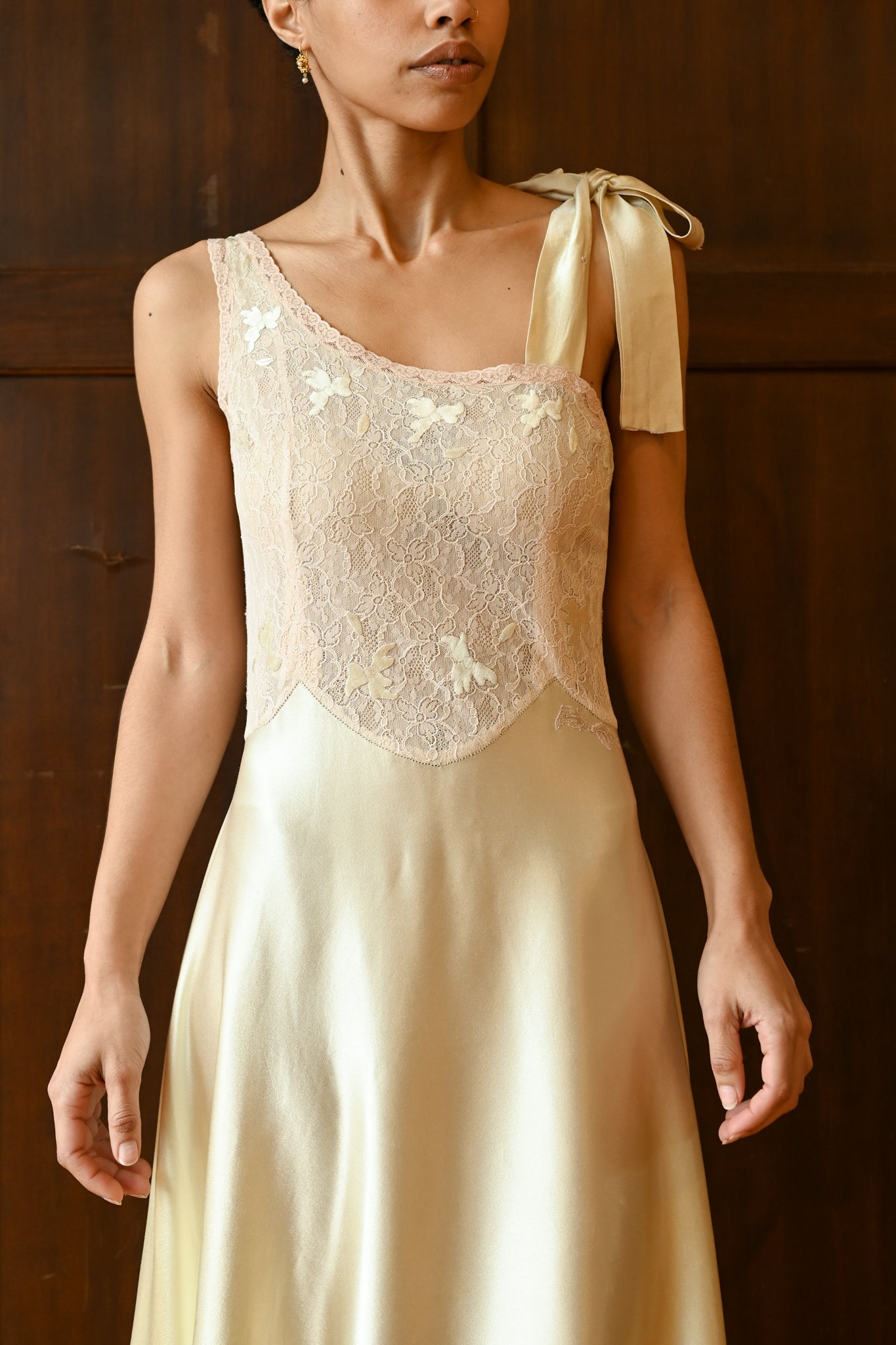 Demetra's Green Silk Satin Tie Shoulder Appliqué Gown