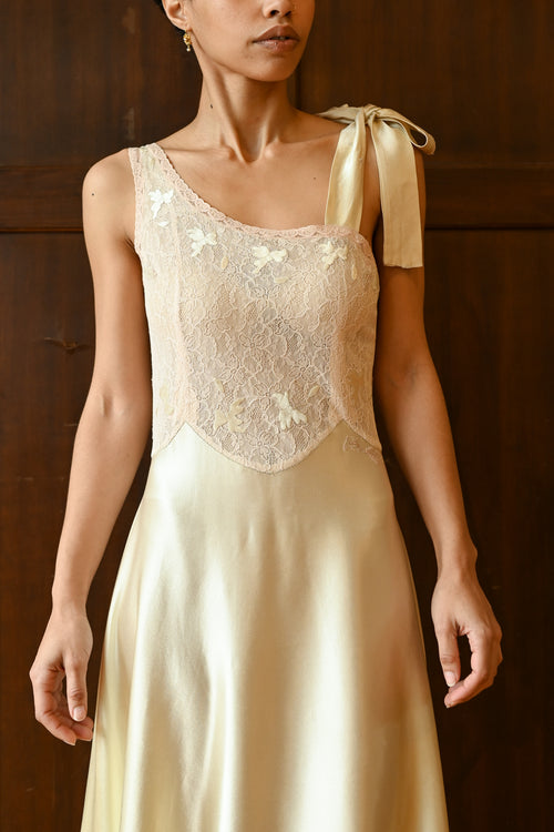 Demetra's Green Silk Satin Tie Shoulder Appliqué Gown