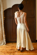 Demetra's Green Silk Satin Tie Shoulder Appliqué Gown