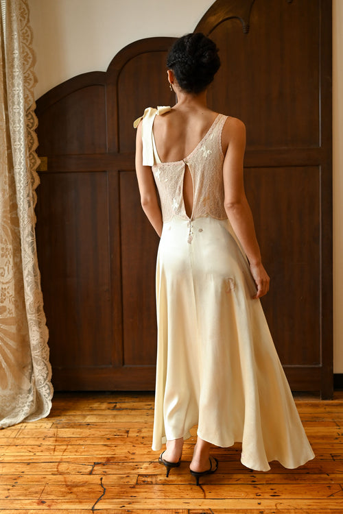 Demetra's Green Silk Satin Tie Shoulder Appliqué Gown