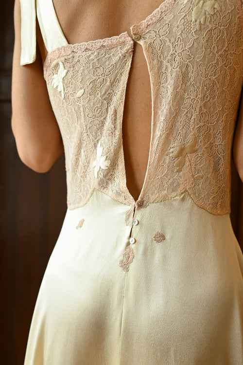 Demetra's Green Silk Satin Tie Shoulder Appliqué Gown