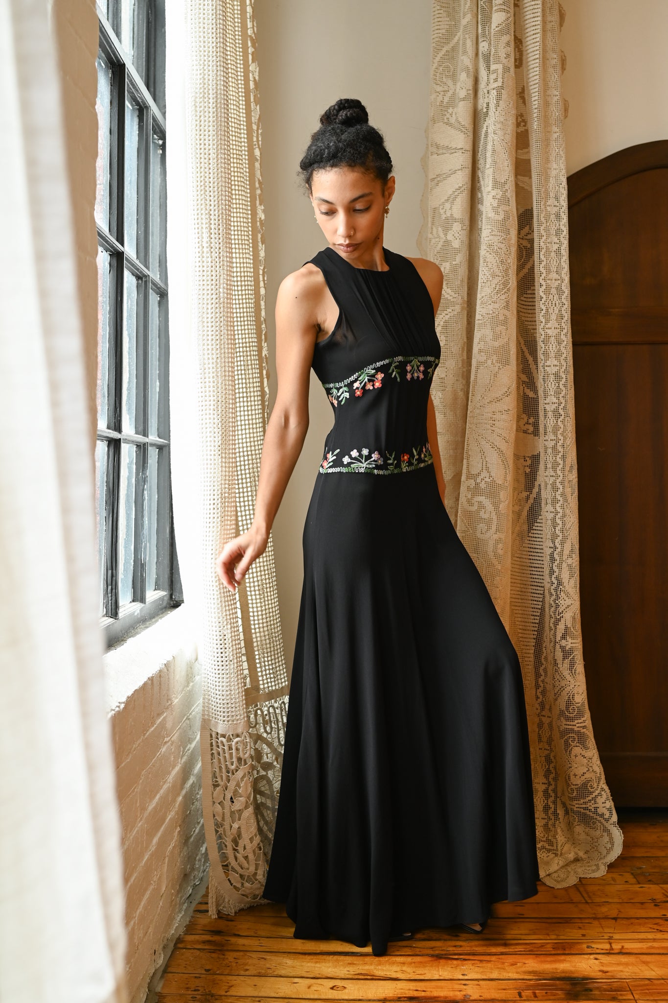 1930s Embroidered Crepe Bias Gown