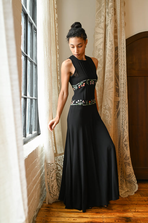 1930s Embroidered Crepe Bias Gown