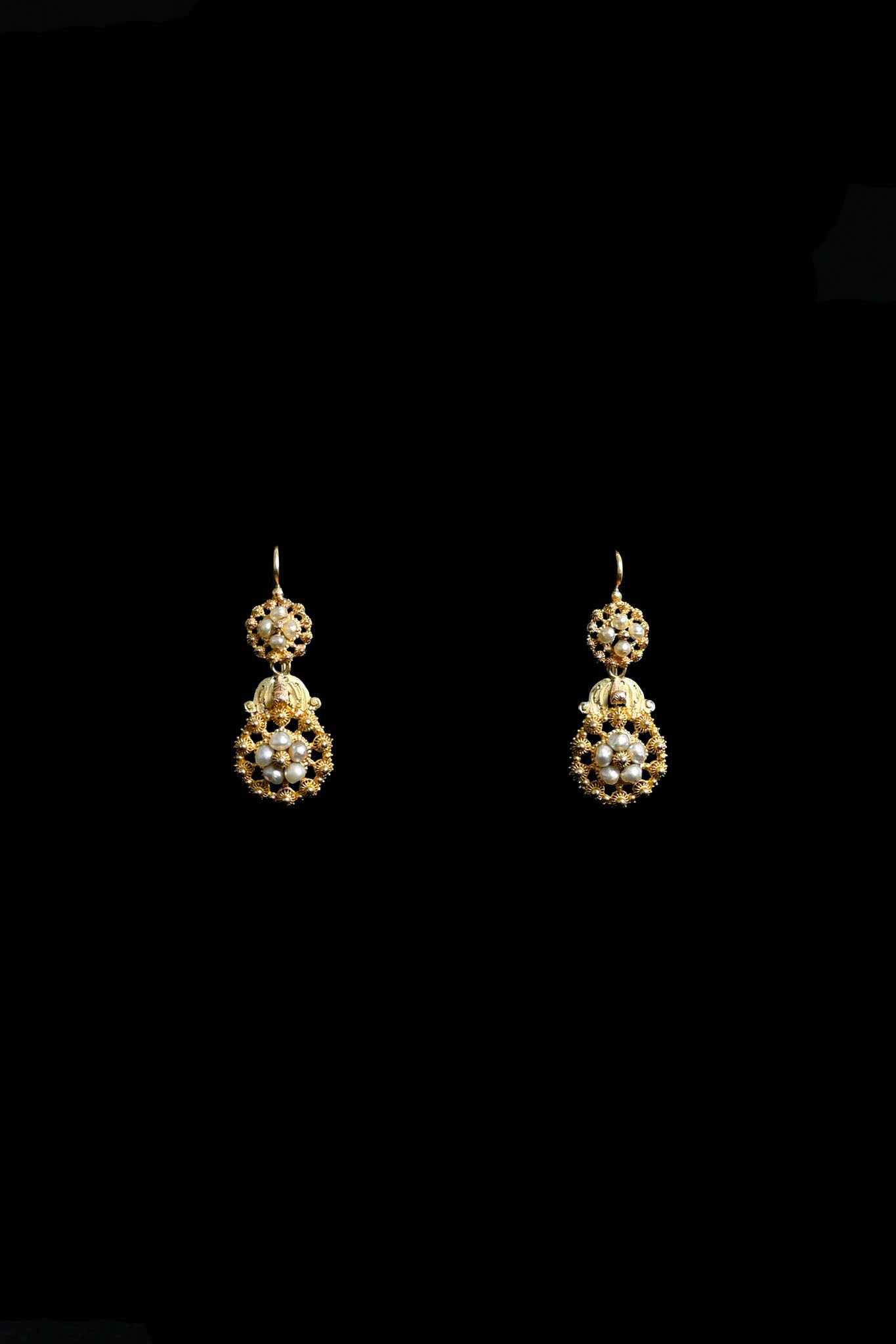 Georgian 18k Pearl French Cannetille Earrings