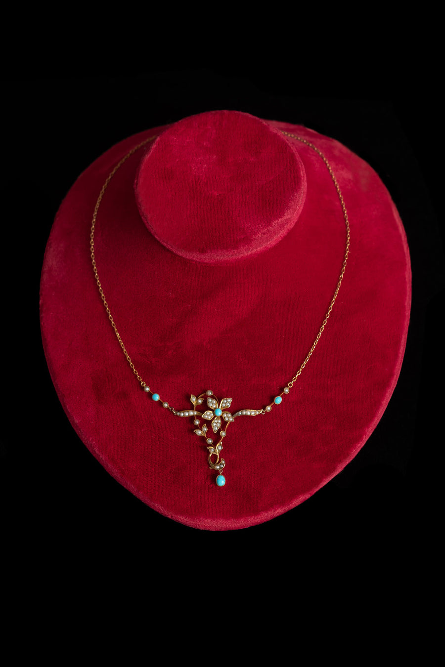 c1900 12k Turquoise and Pearl Flower Necklace