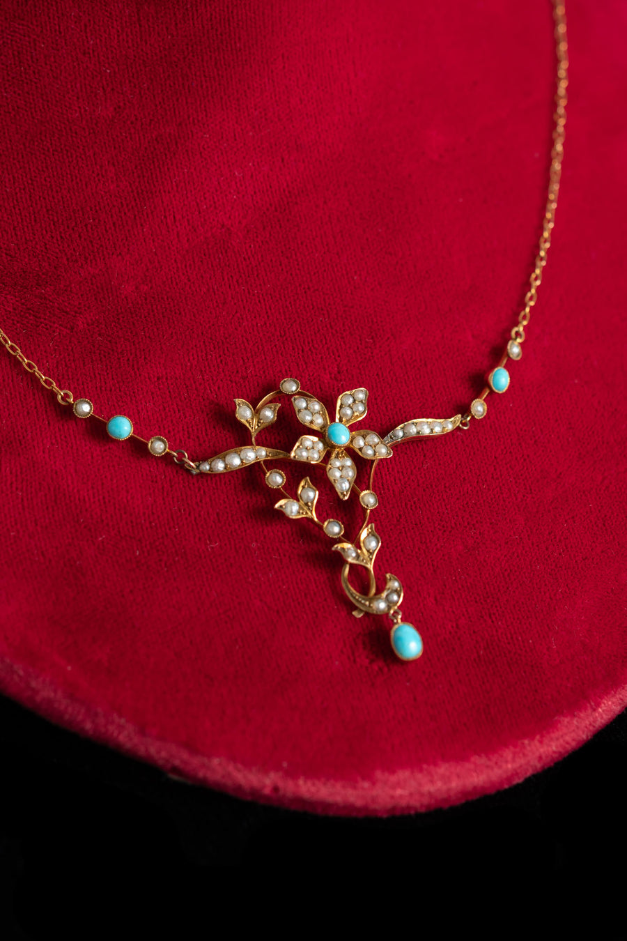 c1900 12k Turquoise and Pearl Flower Necklace