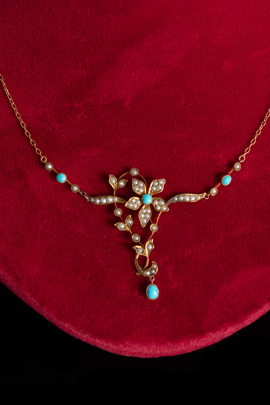 c1900 12k Turquoise and Pearl Flower Necklace