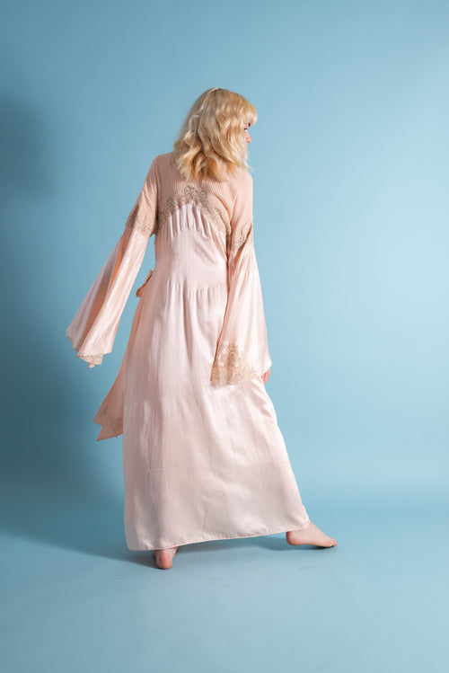 1930s Angel Sleeve Silk Lace Appliqué Robe [xs/sm/med]