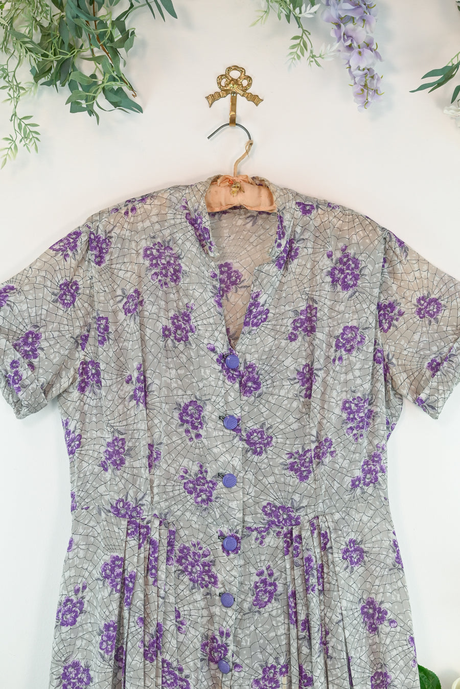 1940s Lavender Spiderweb Print Cold Rayon Dress [lg/xl]