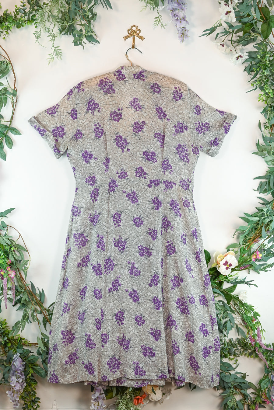 1940s Lavender Spiderweb Print Cold Rayon Dress [lg/xl]