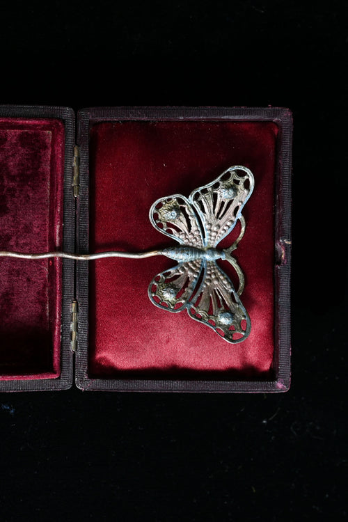 Art Nouveau Metallic Enameled Butterfly Hairpin