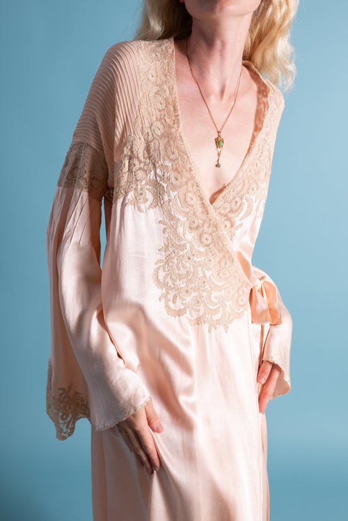 1930s Angel Sleeve Silk Lace Appliqué Robe [xs/sm/med]