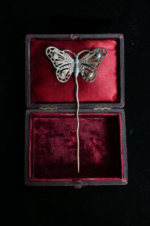 Art Nouveau Metallic Enameled Butterfly Hairpin