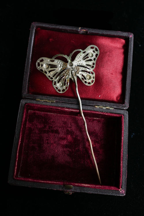 Art Nouveau Metallic Enameled Butterfly Hairpin