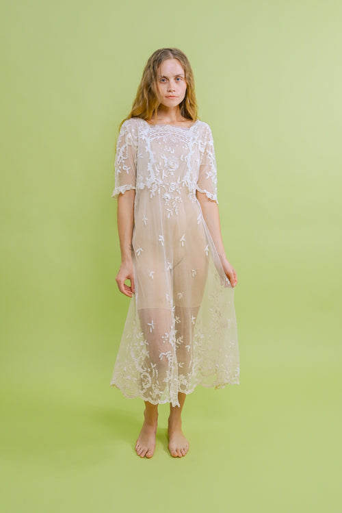 1920s Tambour Embroidered Mesh Gown [xs/sm/med]