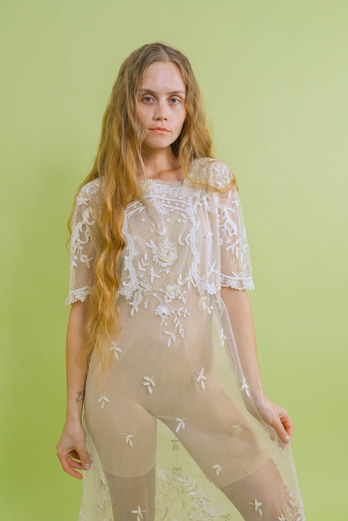 1920s Tambour Embroidered Mesh Gown [xs/sm/med]