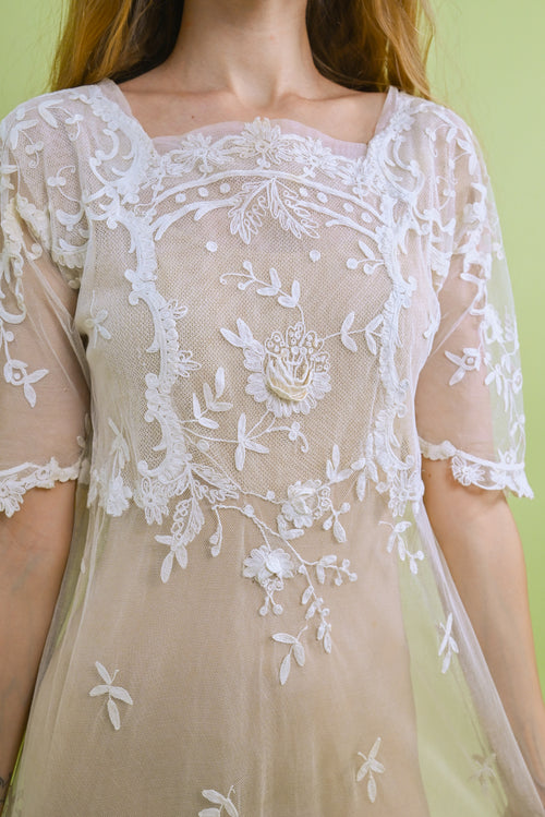 1920s Tambour Embroidered Mesh Gown [xs/sm/med]