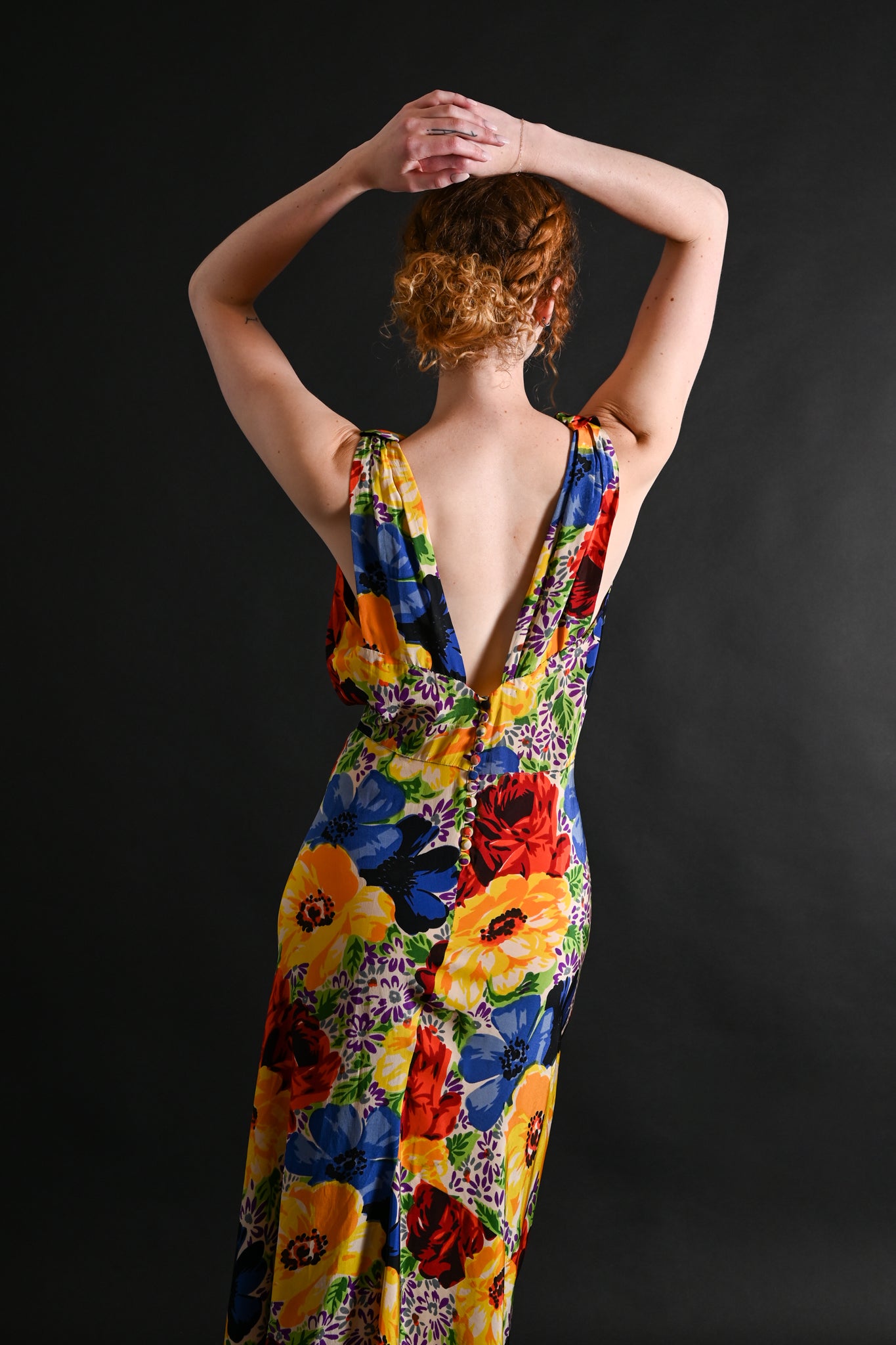 1930s Vivid Primary Floral Silk Bias Gown [med/lrg]