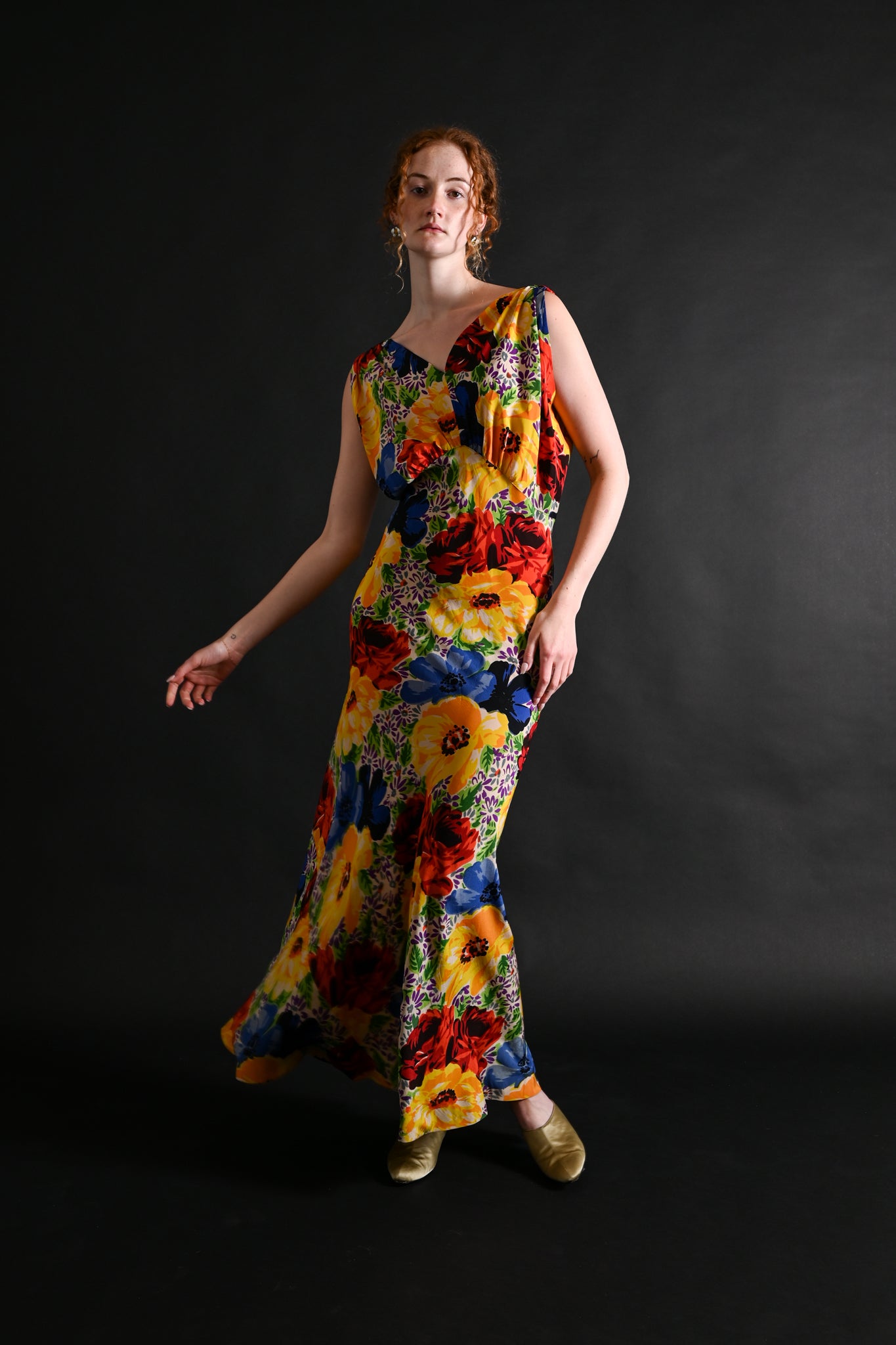 1930s Vivid Primary Floral Silk Bias Gown [med/lrg]