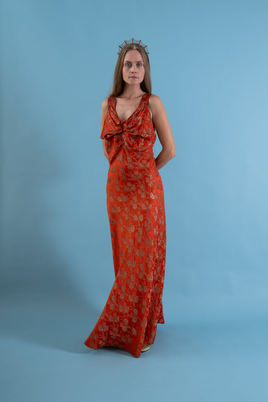 1930s Tangerine Floral Lamé Old Hollywood Gown [sm/med]