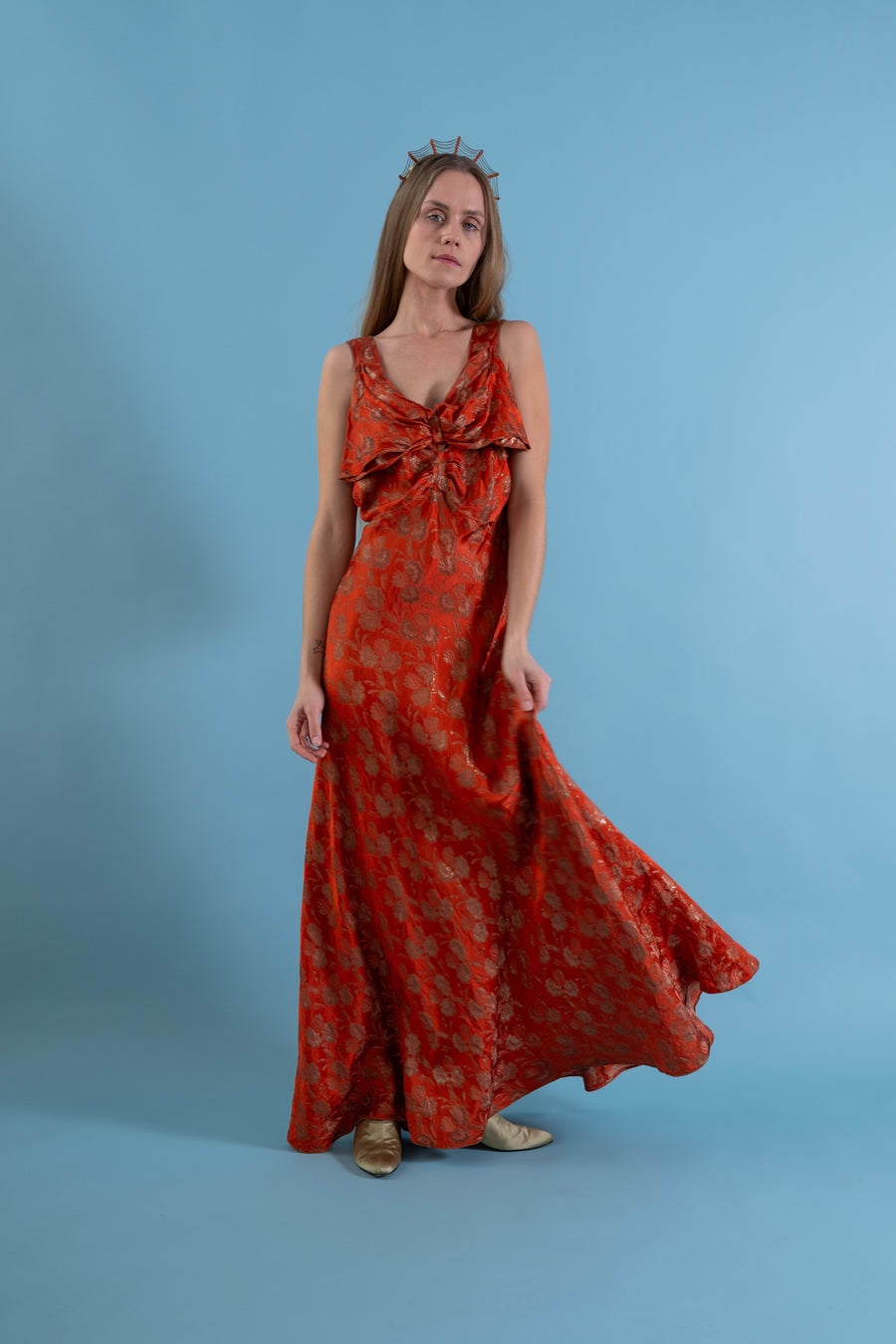 1930s Tangerine Floral Lamé Old Hollywood Gown [sm/med]