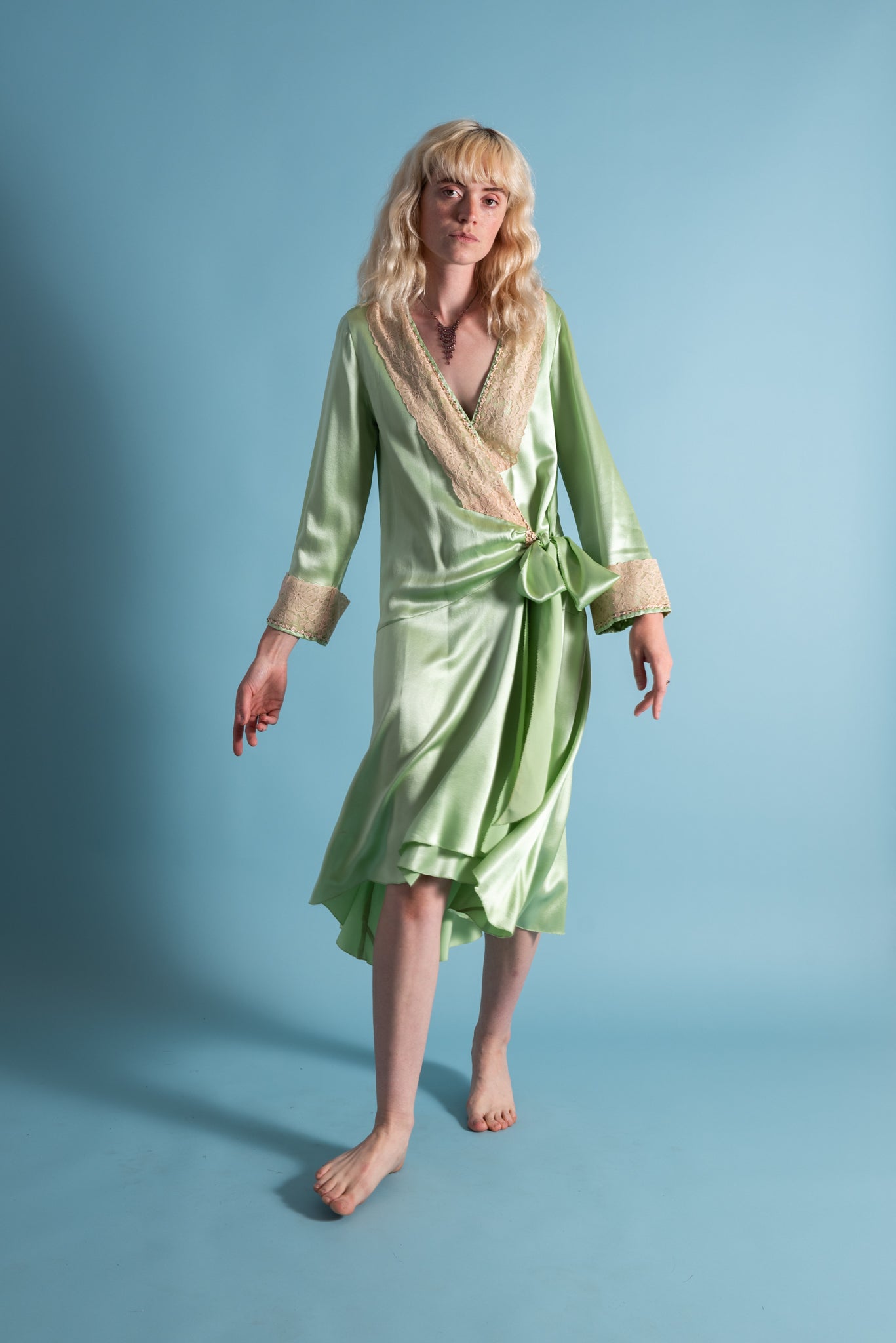 1920s Pistachio Green Silk Robe [xs/sm/med]