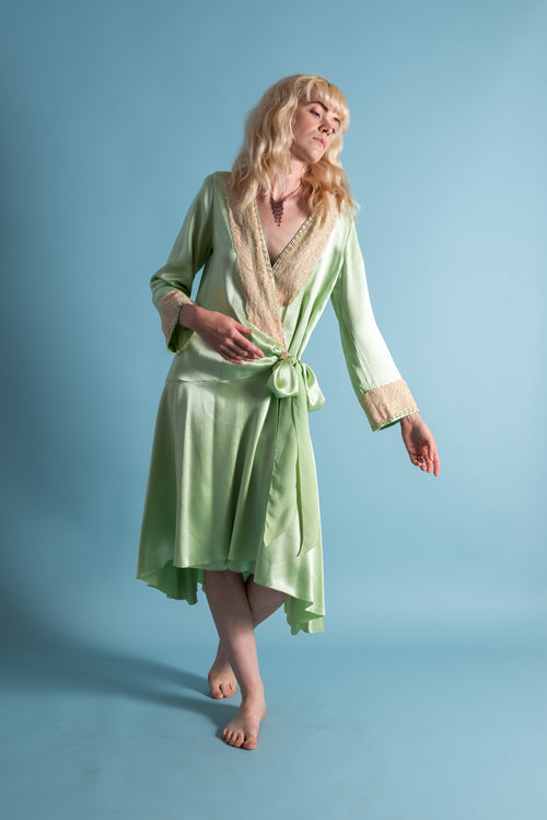 1920s Pistachio Green Silk Robe [xs/sm/med]