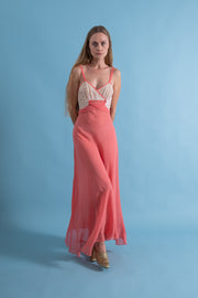 1930s Coral Silk Chiffon + Lace Gown [xs/sm]